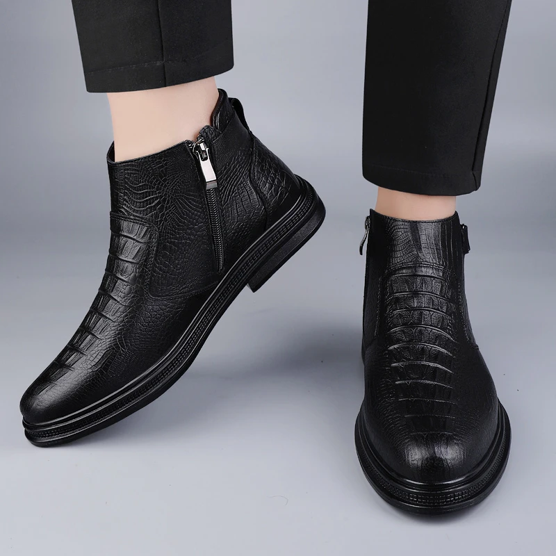 Bottines en cuir véritable pour homme avec fermeture éclair